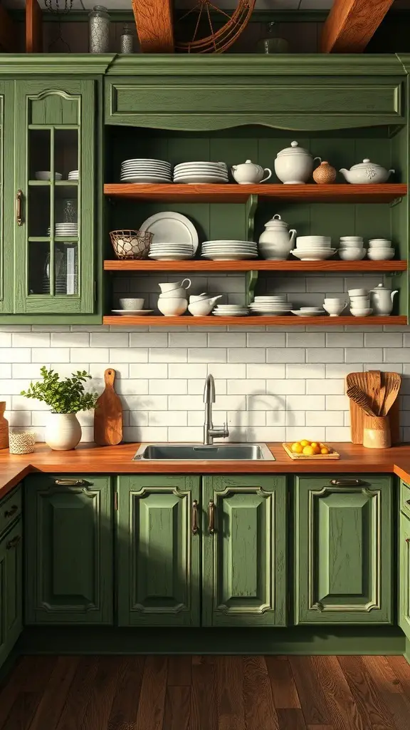 27+ Stunning Green Rustic Kitchen Cabinets for a Charming Makeover 3 A rustic kitchen featuring green cabinets and open wooden shelves displaying dishware.