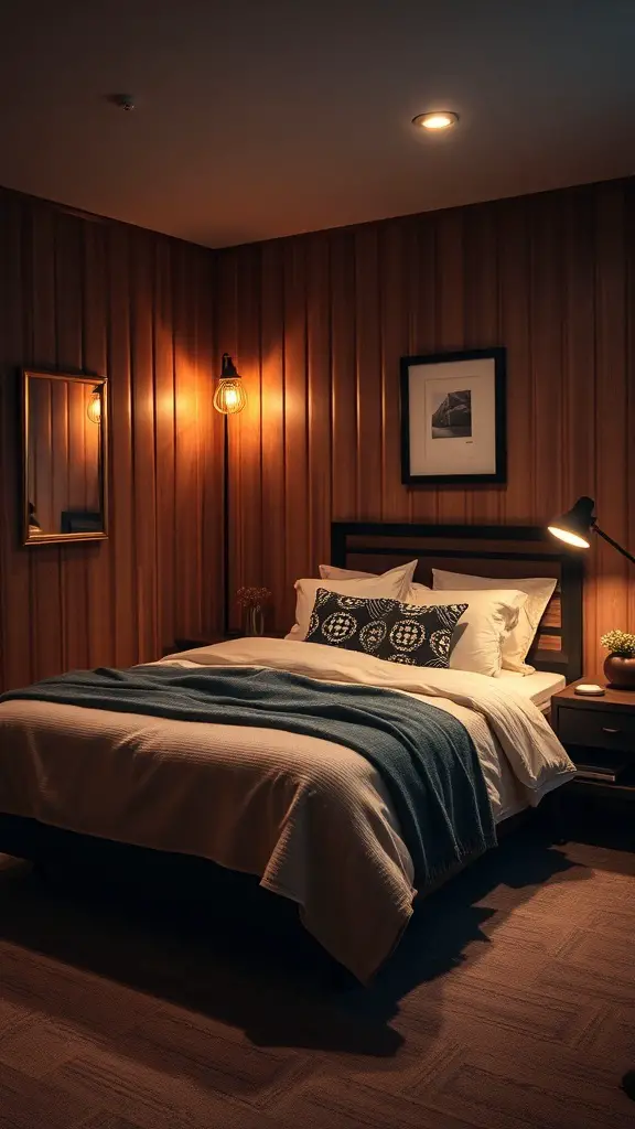 Cozy basement guest suite with wooden paneling, a comfortable bed, and warm lighting.