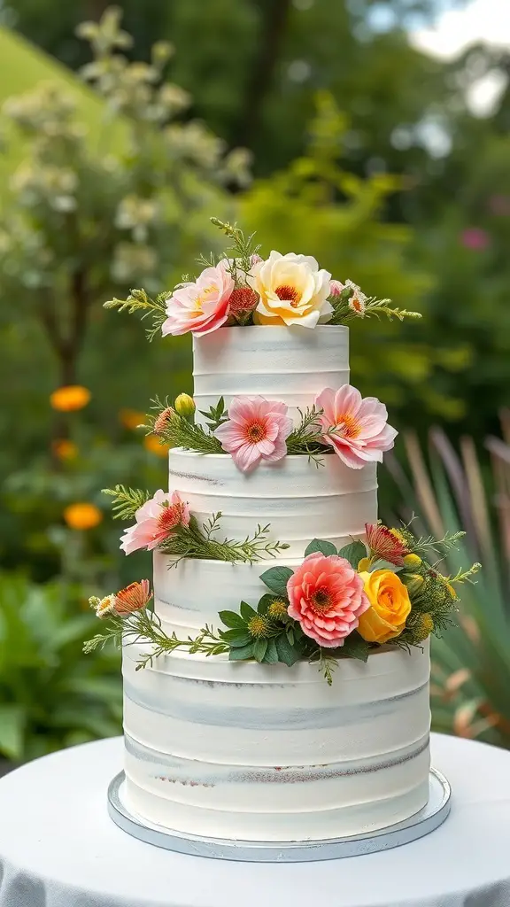 25+ Dreamy Garden Party Wedding Ideas for a Magical Celebration 5 A three-tier wedding cake decorated with fresh flowers and greenery, set against a garden backdrop.