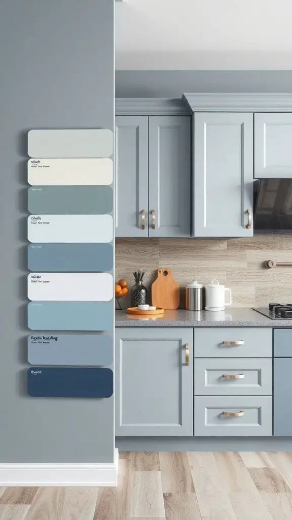 29+ Stunning Blue Gray Kitchen Cabinets to Transform Your Space 5 A selection of blue gray paint swatches next to kitchen cabinets.