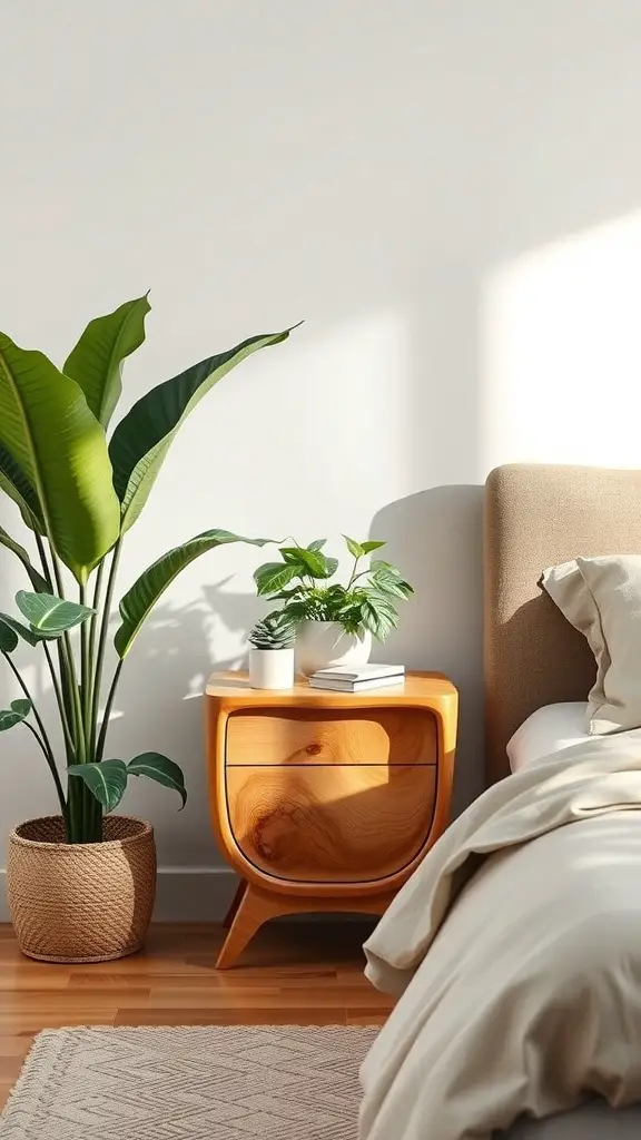 27+ Creative Bedside Table Ideas to Transform Your Bedroom 6 A nature-inspired wooden bedside table with plants beside a bed.