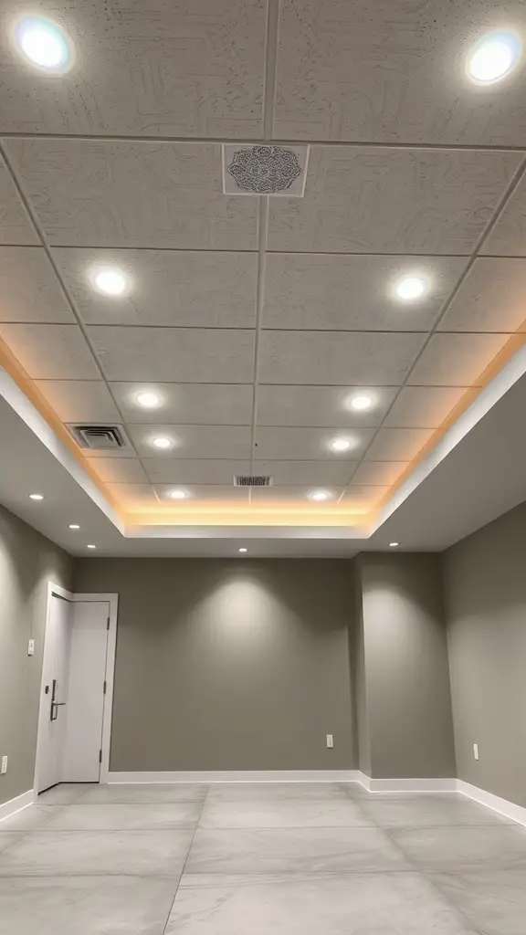 Modern drop ceiling with LED lighting in a basement