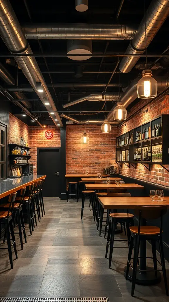 Industrial chic basement bar with exposed brick walls and metal fixtures