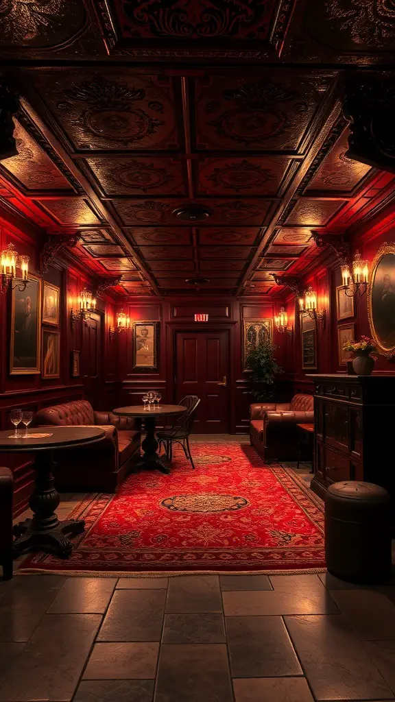 A luxurious basement with deep burgundy walls, elegant furniture, and warm lighting.