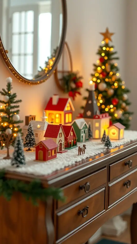 29+ Stunning Christmas Console Table Decor Ideas 12 A beautifully arranged miniature Christmas village on a console table with soft lighting and festive decorations.