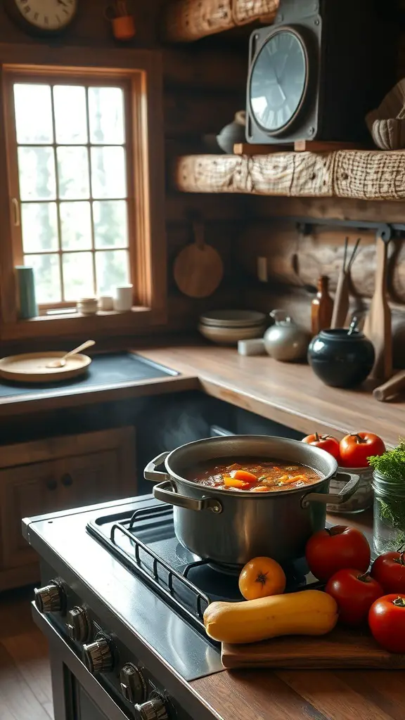 A cozy kitchen in a winter cabin with a pot of soup on the stove and fresh vegetables on the counter.