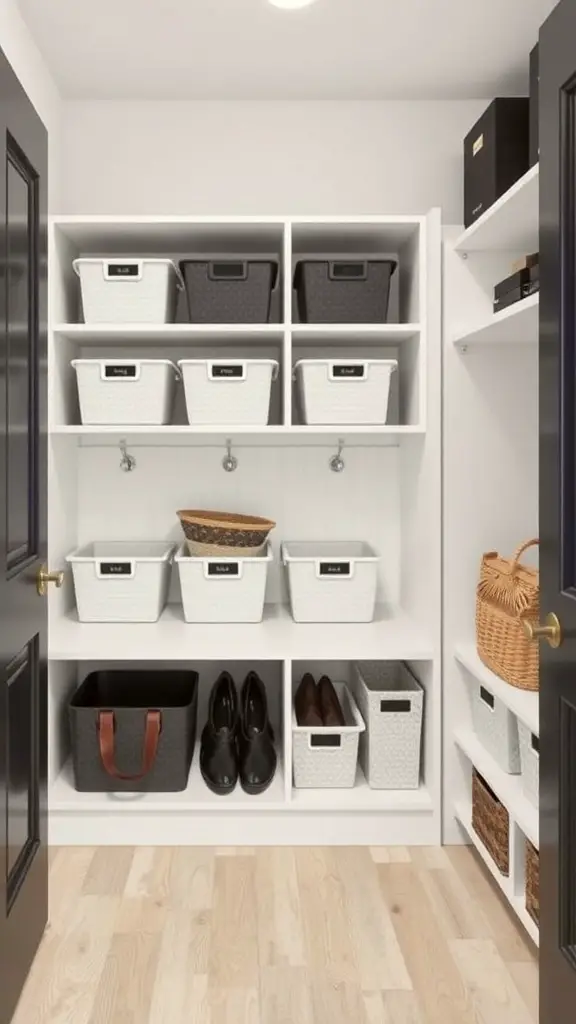 Organized mudroom closet with labeled baskets and hooks
