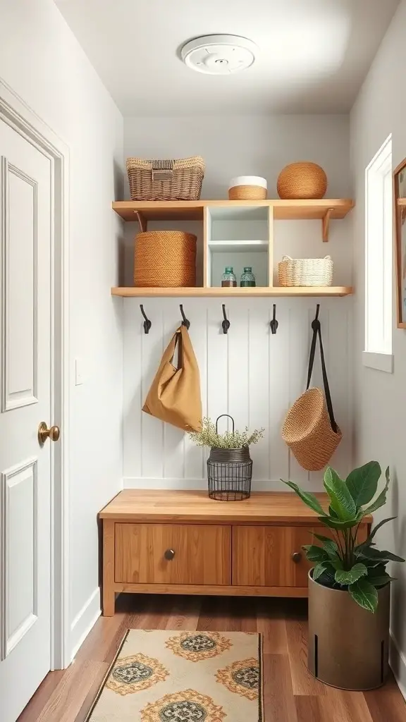 A small mudroom with wooden shelves, hooks, and a plant, showcasing effective use of vertical space.
