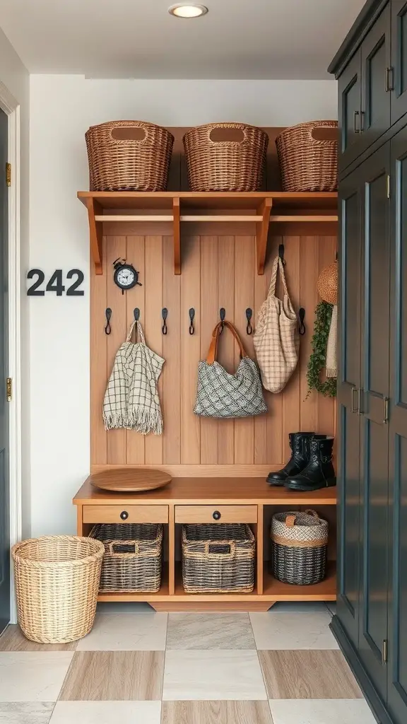 A well-organized mudroom locker with baskets, hooks, and drawers.