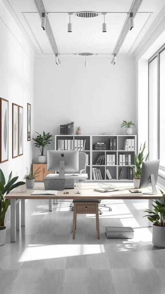 A serene office space with a minimalist design, featuring a wooden desk, plants, and organized shelves.