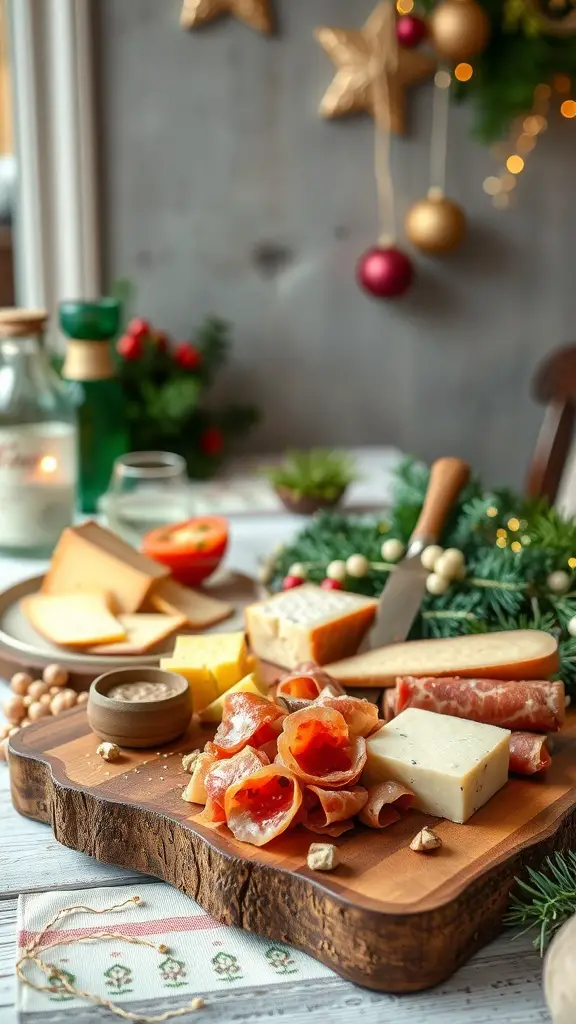29+ Rustic Christmas Table Décor Ideas for a Cozy Holiday Celebration 13 A wooden serving board with cheeses, cured meats, and nuts, set on a rustic Christmas table.