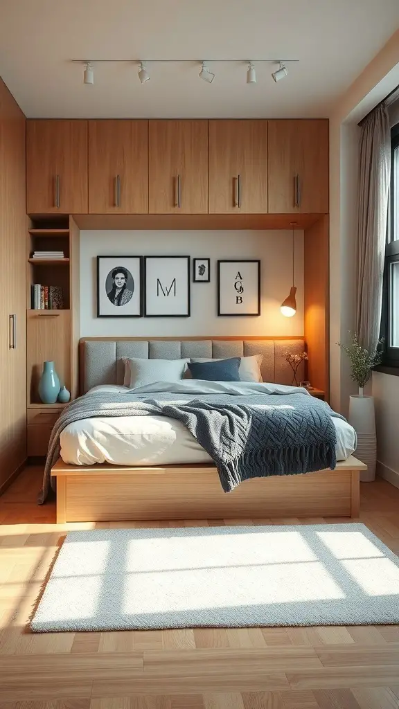 25+ Creative Under Bed Storage Solutions for Small Spaces 10 A cozy bedroom with a bed featuring under-bed storage and wall-mounted cabinets.