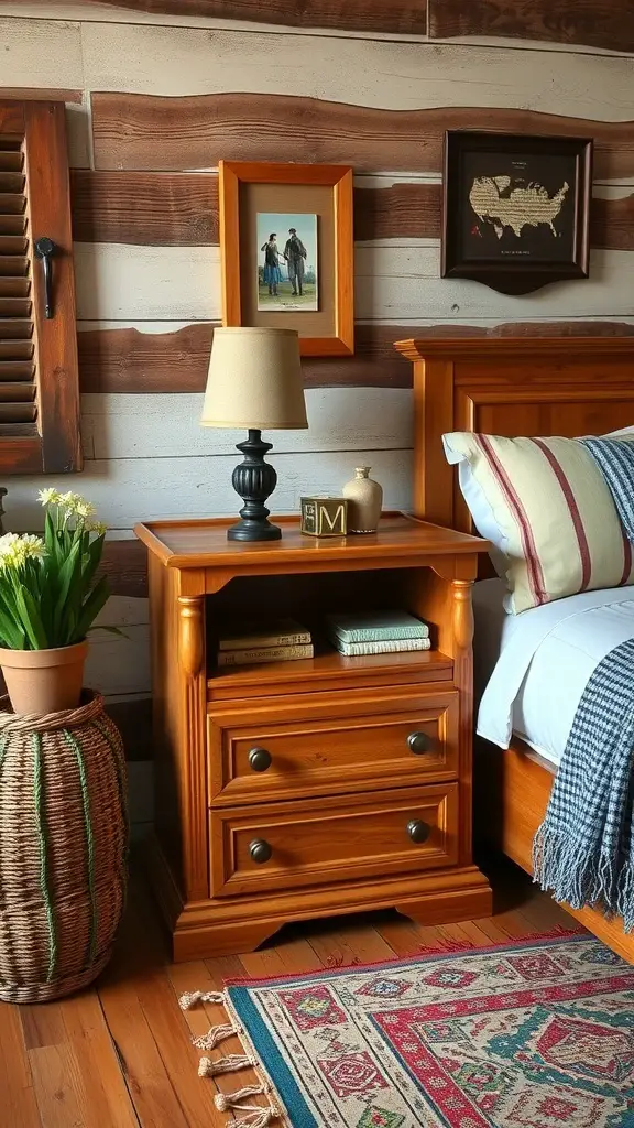27+ Creative Bedside Table Ideas to Transform Your Bedroom 11 A wooden nightstand with two drawers, a lamp, and a plant beside a bed in a rustic bedroom.