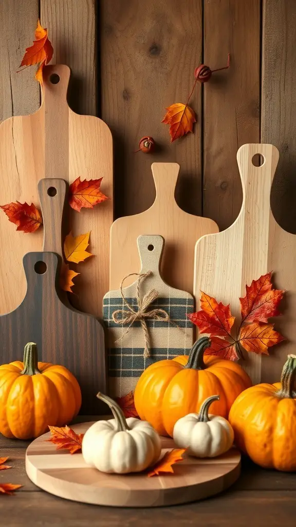 23+ Creative Dollar Tree Cutting Board Crafts You Can Make 8 A display of wooden cutting boards with pumpkins and autumn leaves, showcasing seasonal decor.