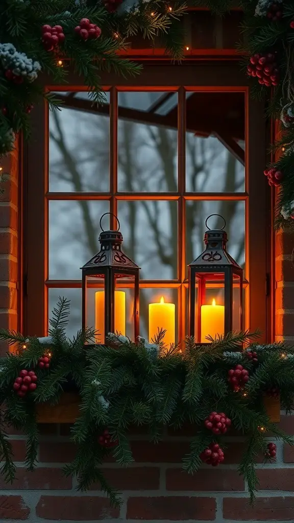 29+ Creative Winter Window Decoration Ideas for a Cozy Home 4 A cozy winter window decoration featuring lanterns and festive greenery.