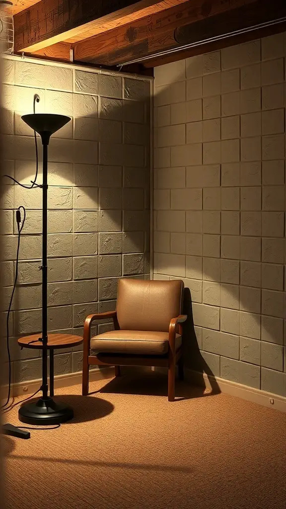 A cozy corner in a basement featuring a floor lamp and a chair.