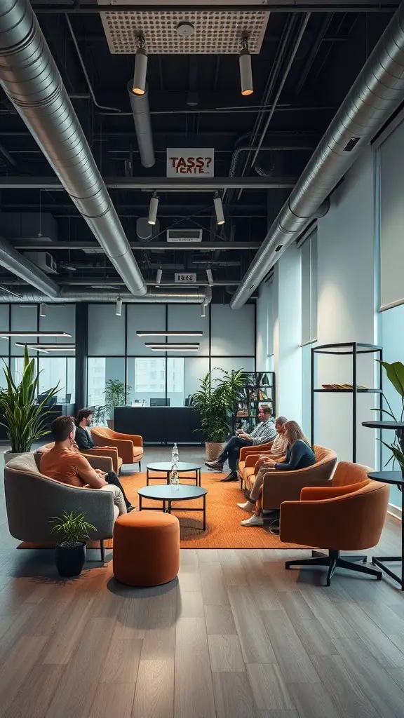 Modern office seating area with plush chairs and a warm color palette, designed for collaboration.
