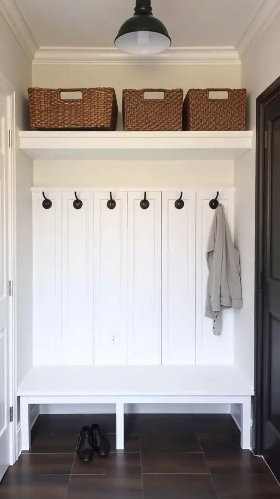 A small mudroom featuring a bench, hooks, and storage baskets.