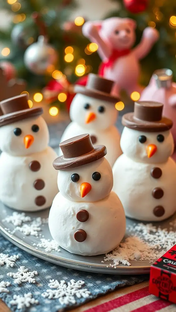 23+ Delightful Christmas Sweet Ideas You Must Try This Holiday Season 13 A plate of snowman marshmallow treats decorated with chocolate buttons, orange candy noses, and hats.