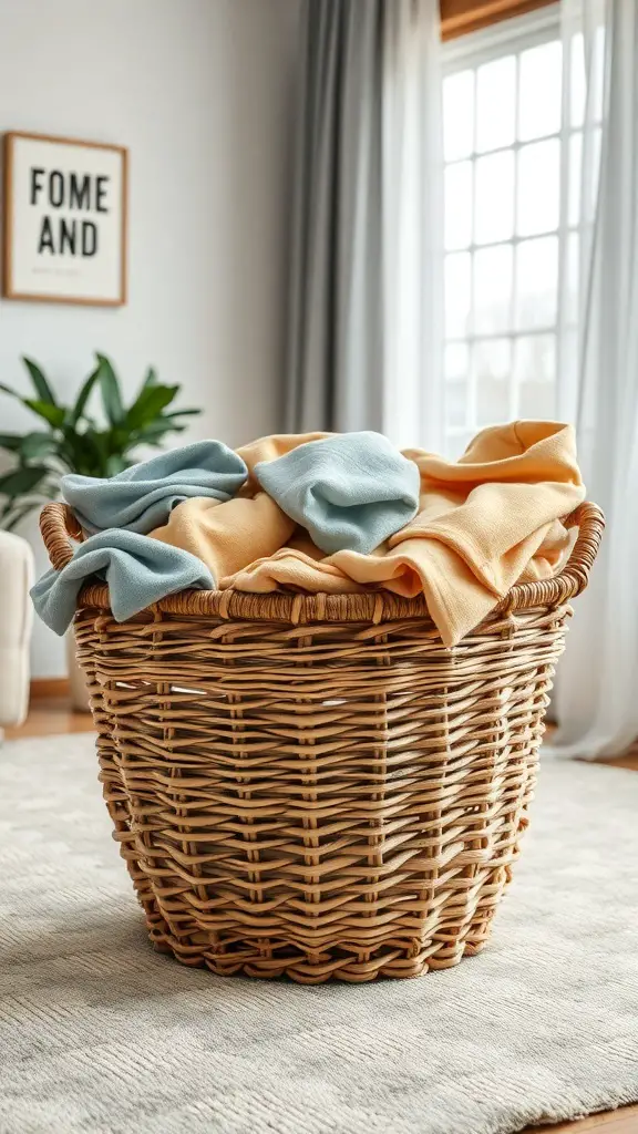 A decorative woven basket filled with colorful hoodies in a cozy room setting.
