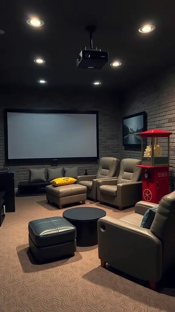 Cozy basement home theater setup with projector, comfortable seating, and popcorn machine.