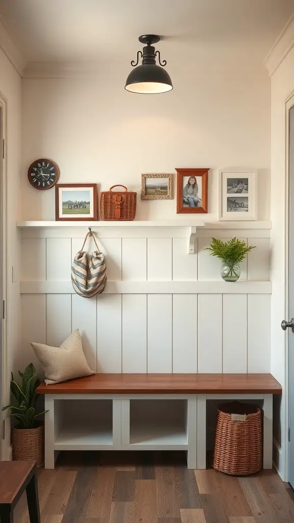 27+ Stylish IKEA Mudroom Ideas for a Functional Space 12 A cozy mudroom with a bench, framed photos, and decorative baskets.