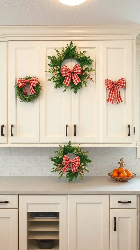 29+ Creative Christmas Decor Ideas for Above Kitchen Cabinets 16 Decorative Christmas wreaths with red and white bows above kitchen cabinets