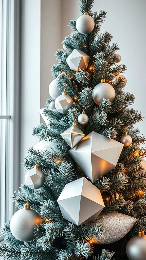 A Christmas tree decorated with modern silver geometric ornaments.
