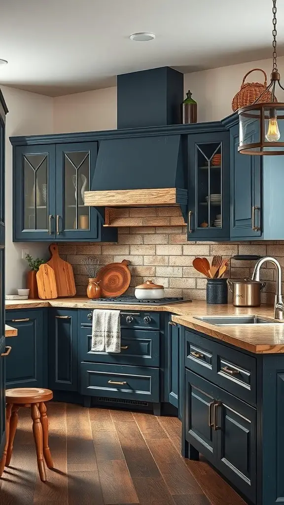 27+ Stunning Dark Blue Kitchen Cabinet Ideas for a Stylish Upgrade 5 A cozy kitchen featuring dark blue cabinets, wooden countertops, and warm lighting.
