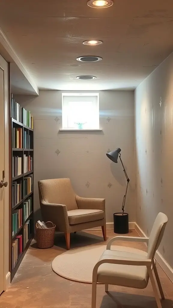 25+ Budget-Friendly Unfinished Basement Ideas to Transform Your Space 2 Cozy reading nook in an unfinished basement with a chair, bookshelf, and natural light.