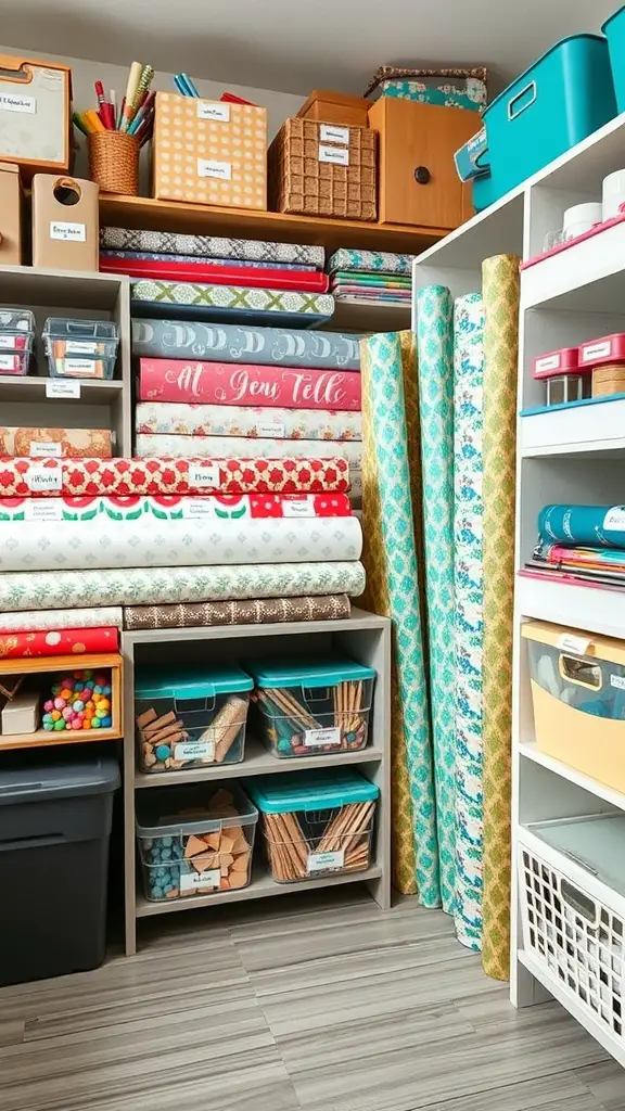 Organized wrapping paper storage with labeled bins and rolls
