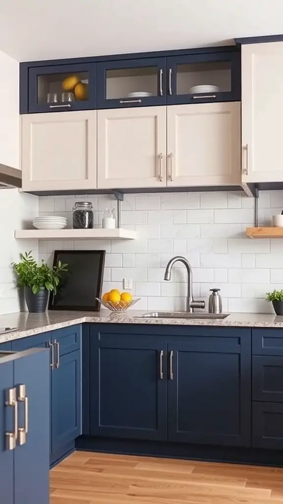 27+ Stunning Dark Blue Kitchen Cabinet Ideas for a Stylish Upgrade 8 A kitchen featuring sophisticated two-tone cabinetry with dark blue lower cabinets and light cream upper cabinets.
