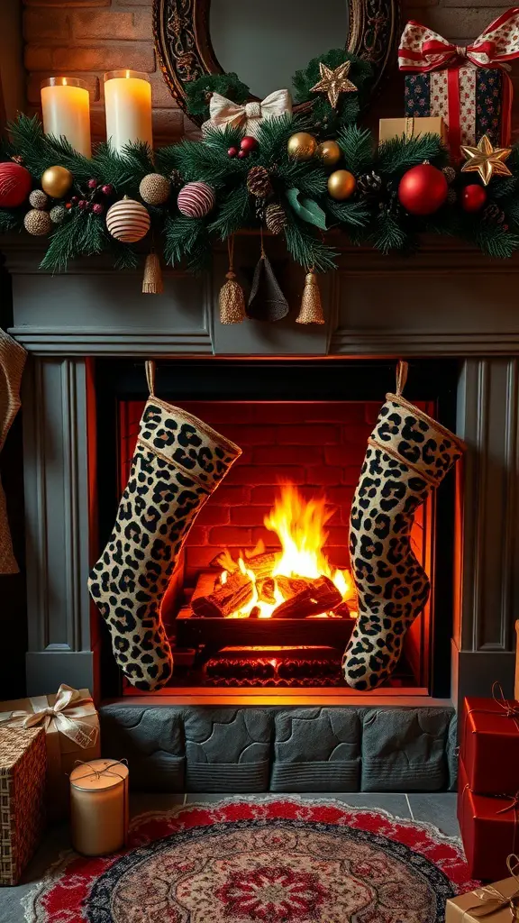 Cheetah print stockings hanging by a fireplace decorated for Christmas