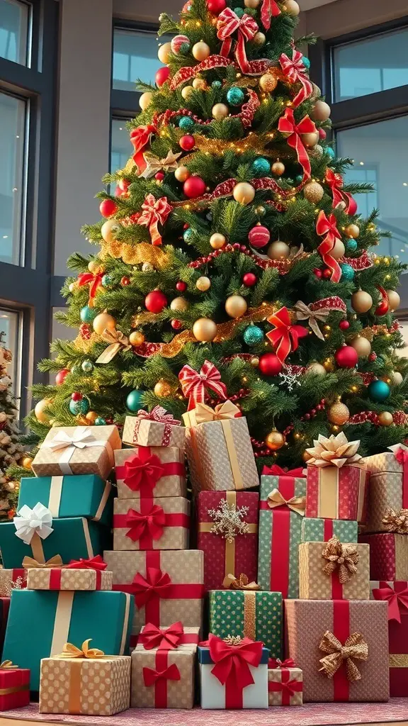 A beautifully decorated Christmas tree with large gift boxes underneath, featuring colorful wrapping and ribbons.