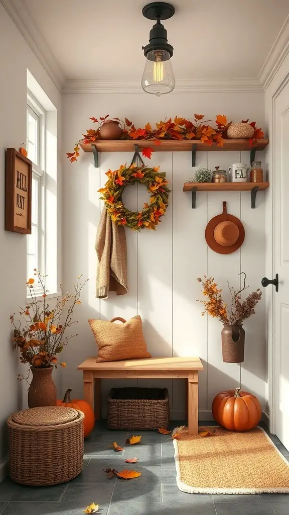 27+ Stylish IKEA Mudroom Ideas for a Functional Space 7 A cozy mudroom decorated for fall with pumpkins, autumn leaves, and warm tones.