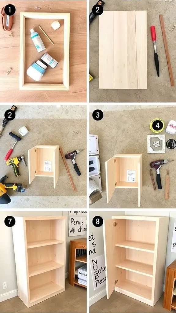 A DIY corner kitchen cabinet project in progress with tools and materials.