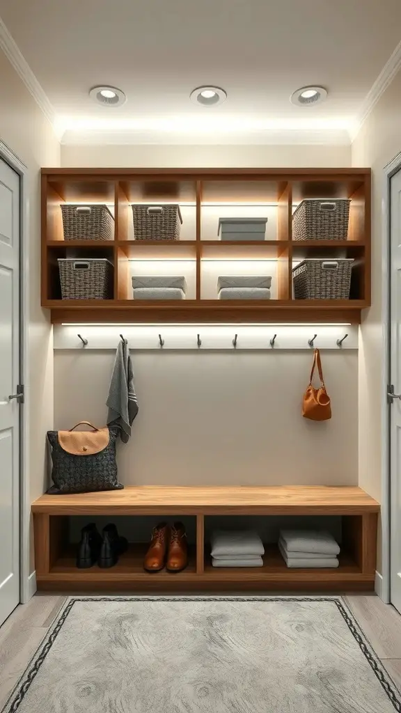 25+ Stylish Mudroom Lighting Ideas to Illuminate Your Space 6 Mudroom with LED strip lighting under shelves, showcasing organized baskets and a welcoming atmosphere.