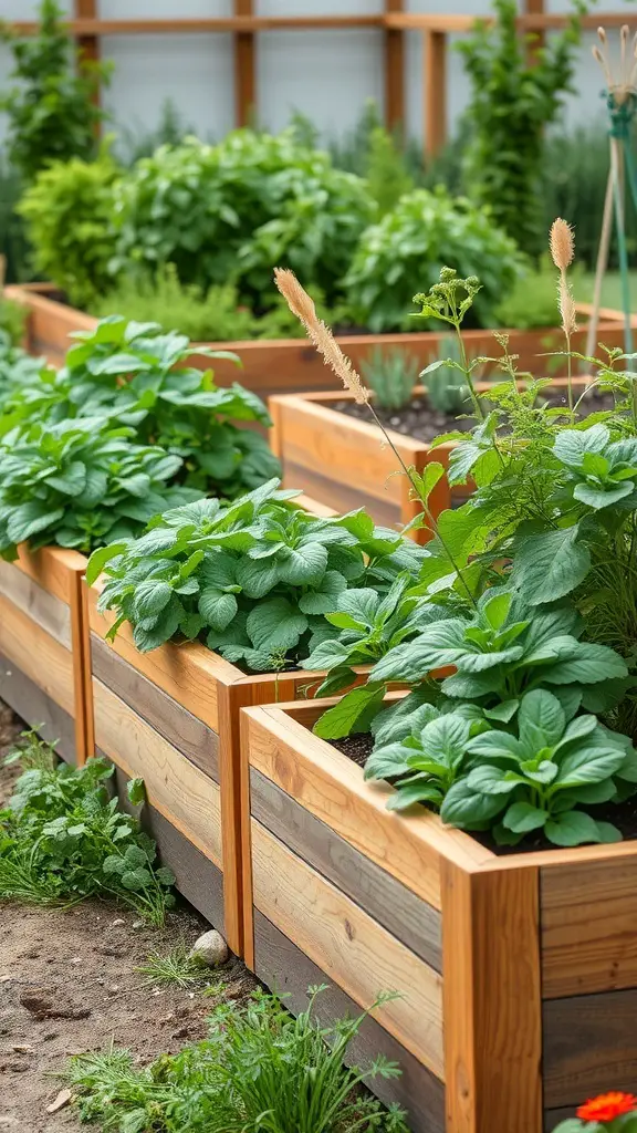 29+ Stunning Garden Border Ideas to Transform Your Outdoor Space 15 Wooden raised garden borders filled with lush green plants.