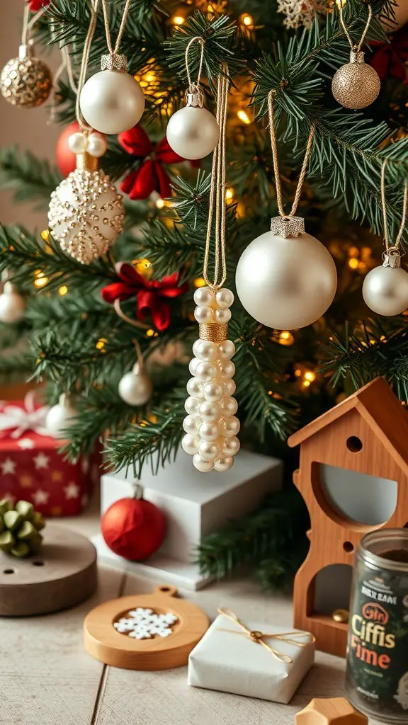 27+ Stunning Pearl Christmas Tree Decorations for a Glamorous Holiday Look 7 A Christmas tree decorated with pearl ornaments and various other decorations.