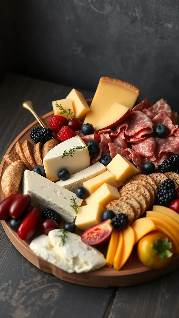 29+ Festive Christmas Brunch Buffet Ideas 11 A beautifully arranged cheese and charcuterie board featuring various cheeses, cured meats, fresh fruits, and crackers.