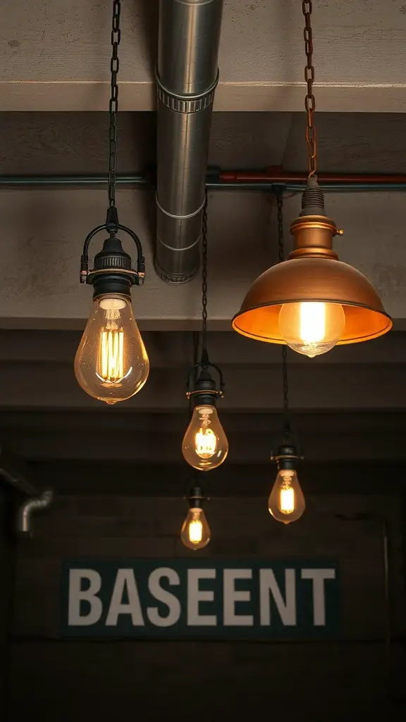 Vintage industrial lighting fixtures in a basement setting