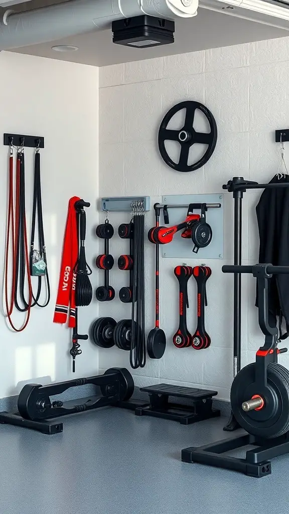 27+ Inspiring Half Garage Gym Ideas for Your Home Workout Space 8 A well-organized wall-mounted storage solution for a garage gym, featuring weights, resistance bands, and other fitness equipment.