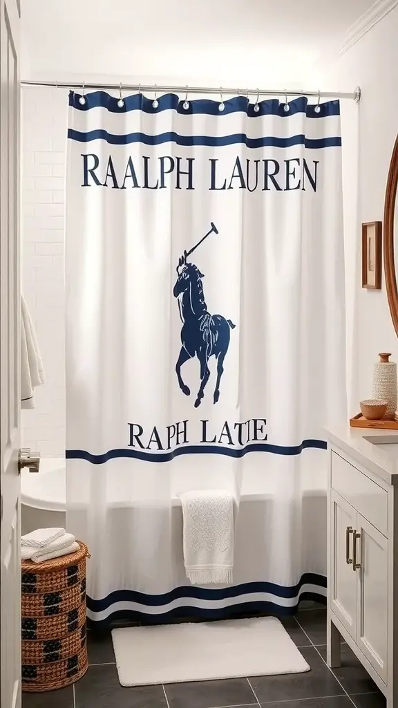 Ralph Lauren shower curtain featuring a polo player logo in navy and white