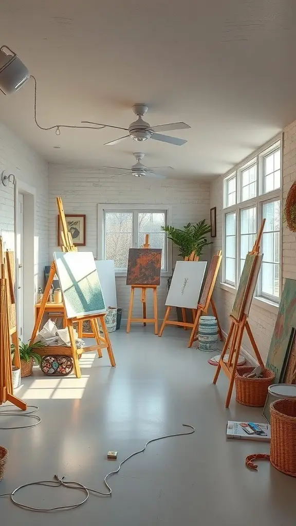 A bright art studio with easels, natural light from large windows, and plants.