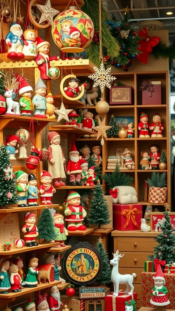 25+ Festive Christmas Store Displays to Inspire Your Retail Space 10 A vintage Christmas decor collection featuring Santa figurines, ornaments, and miniature trees.
