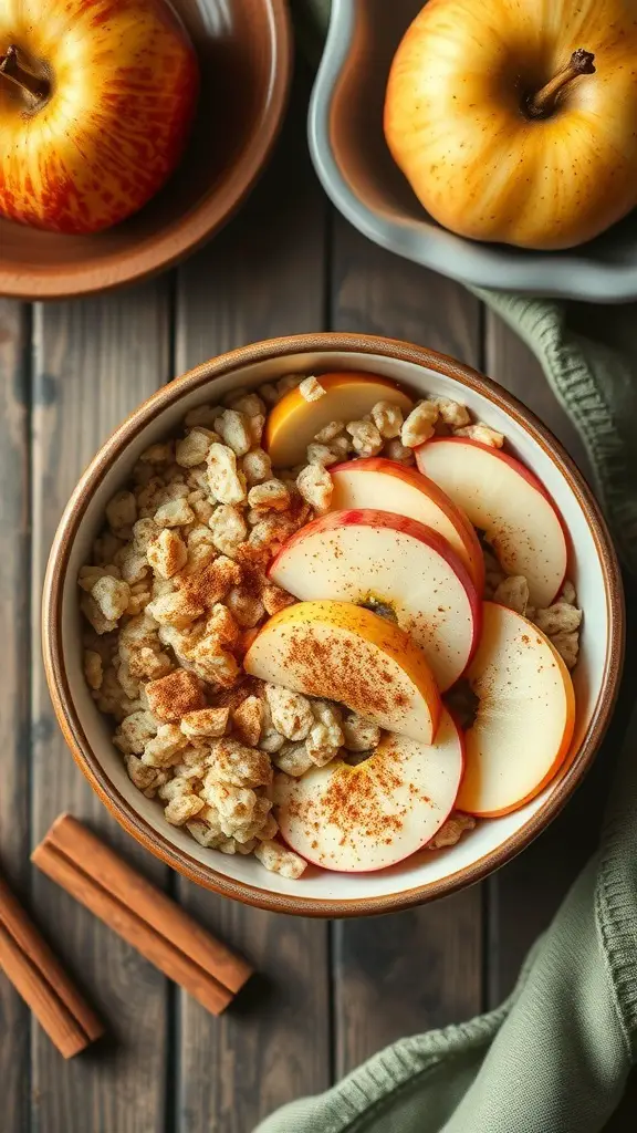 A bowl of spiced apple cinnamon oatmeal topped with apple slices and cinnamon sticks, with whole apples in the background.