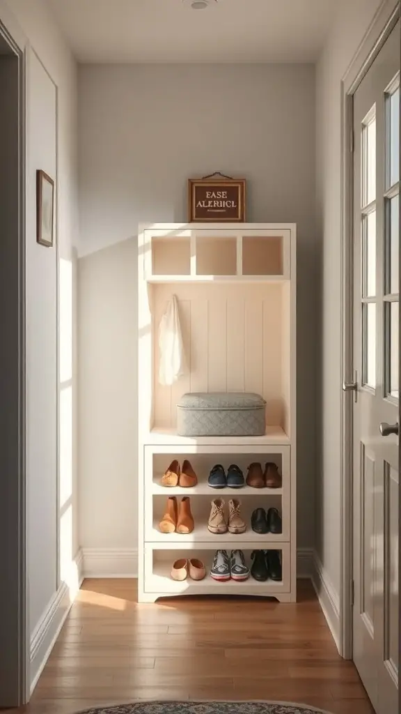 A compact shoe cabinet in a small entryway, featuring shelves for shoes and a decorative top section.