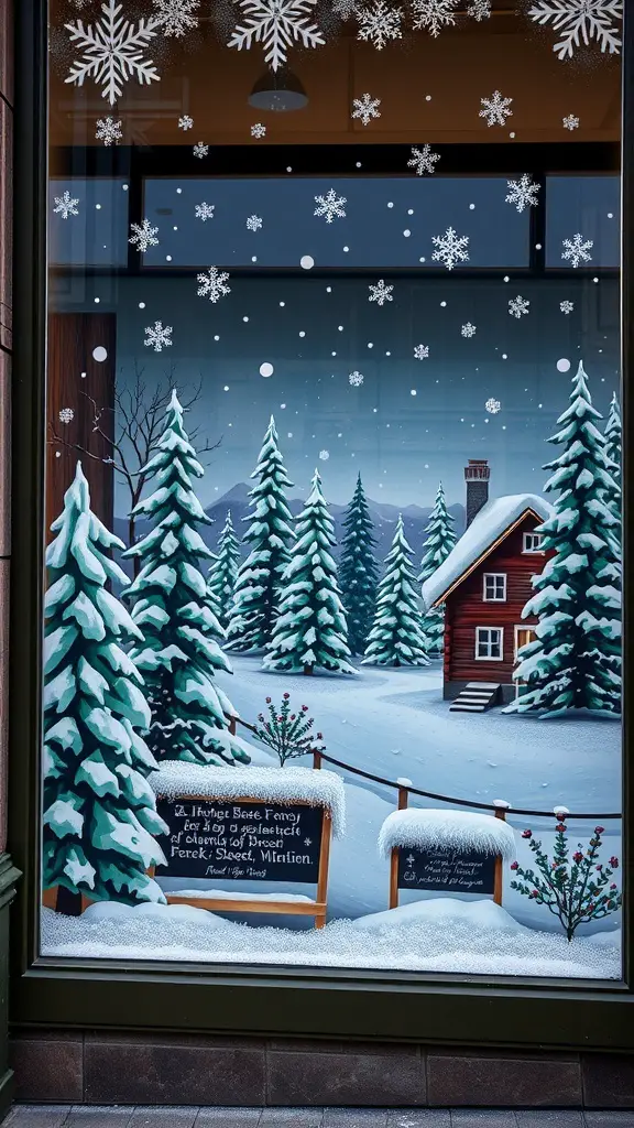A winter scene featuring a cozy cabin surrounded by snow-covered trees and falling snowflakes.