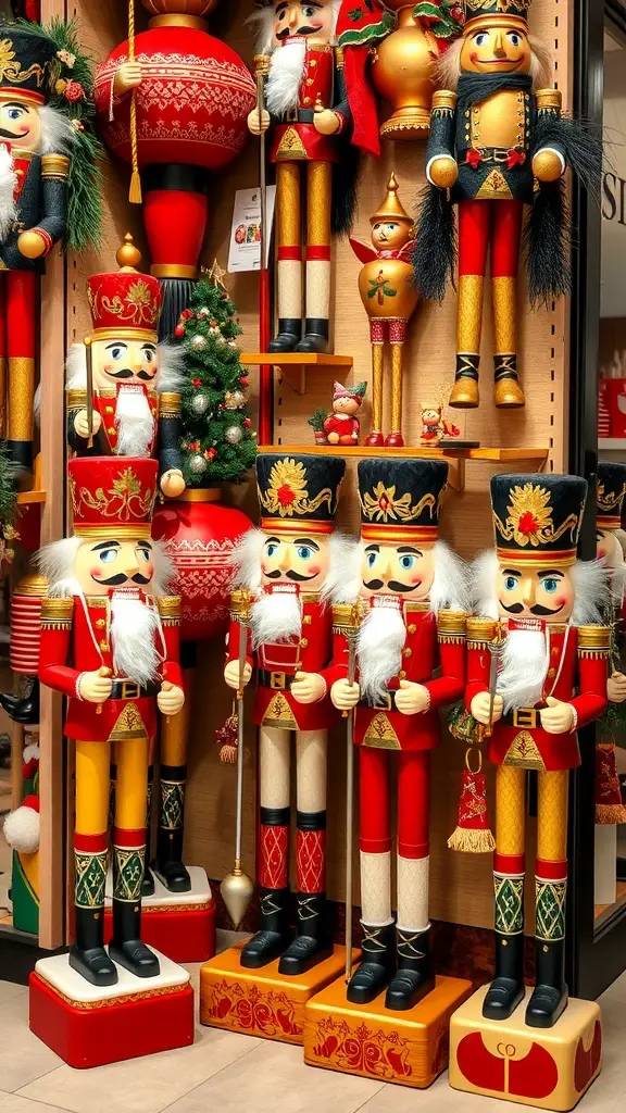 27+ Stunning Christmas Shop Decorations You Need This Season 16 A colorful display of nutcracker figures in a shop, showcasing various designs and sizes.