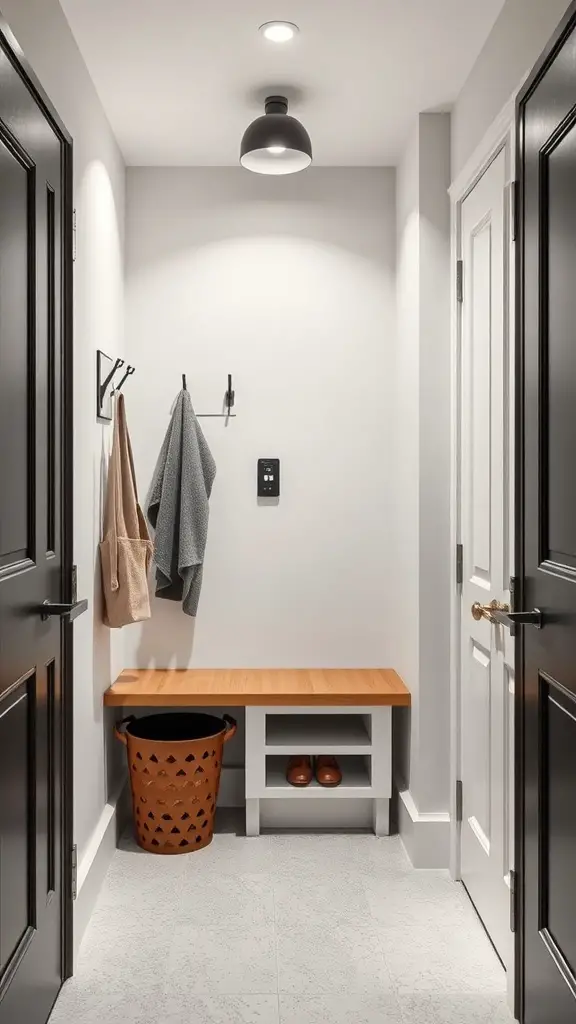 A modern mudroom with a bench, hooks, and smart technology features.